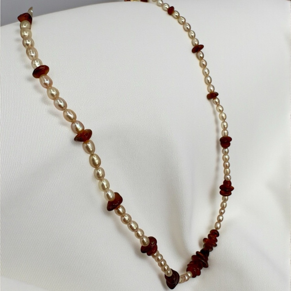 Genuine Amber & Freshwater Pearl Necklace – 18” - Picture 6 of 17